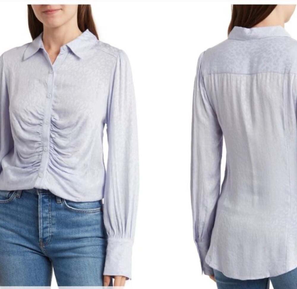 Free People Bianca Ruched Button-Up Shirt Periwinkle Blue Small